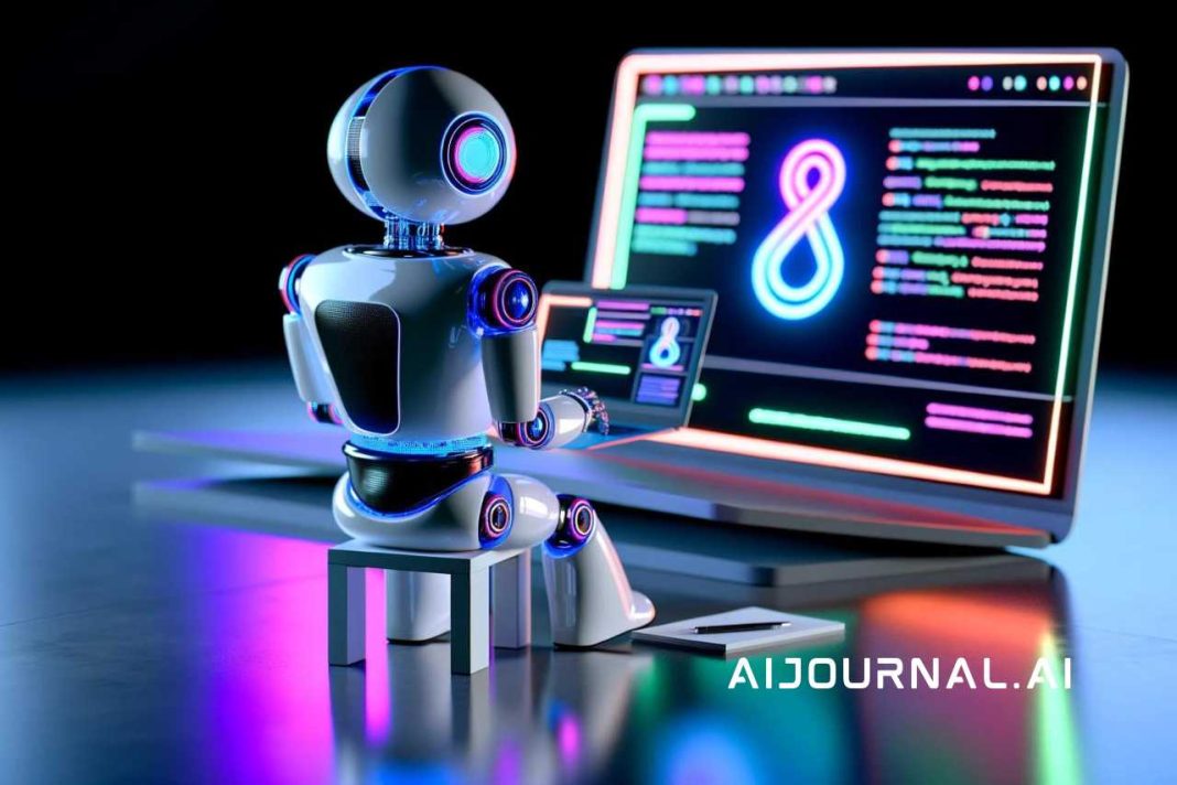 AI in content creation - AI robot at work, sitting at a laptop interface and generating digital content, surrounded by vivid and futuristic colors